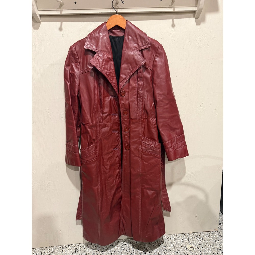 Vintage Burgundy Red Leather Trench Coat Longline Belted Jacket Womens Small